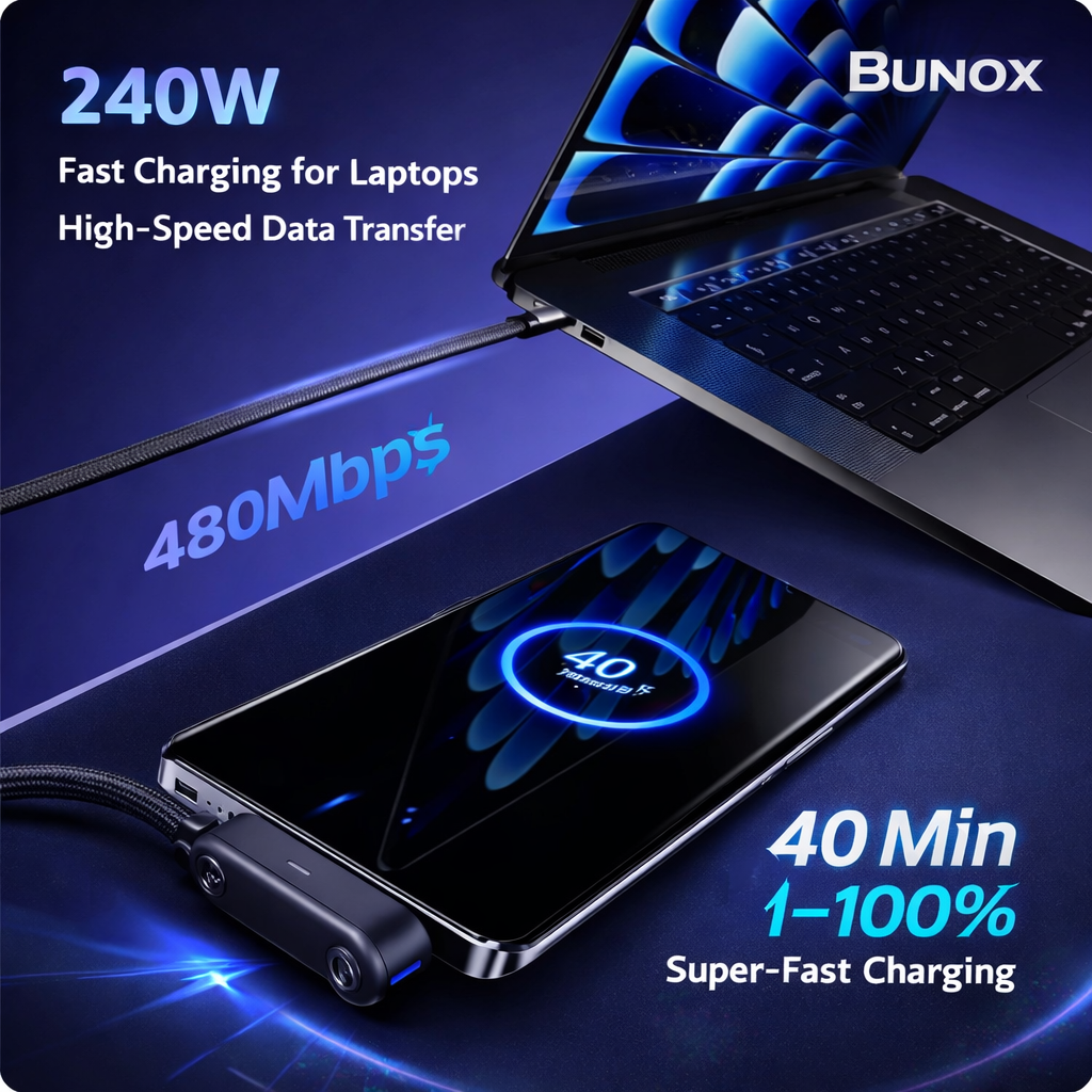 BUNOX 240W BattleCharge Cable – No Lag. No Bend. No Limits.
